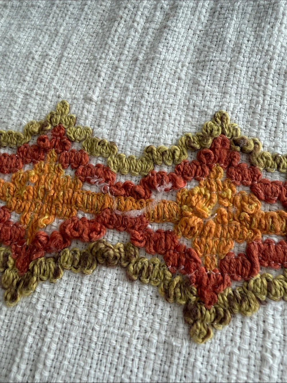 1970’s Boho MCM Cafe Curtain Valances in Cream & Embroidered Oranges and Green